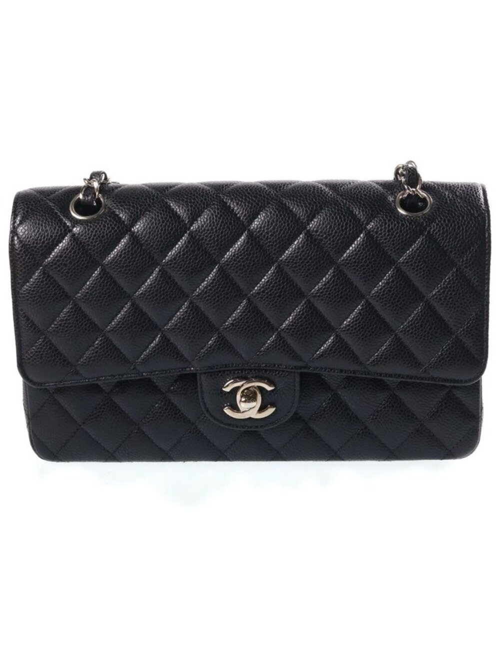 Chanel Quilted 25 Double Flap Chain Caviar Leather Silver Shoulder Bag Black